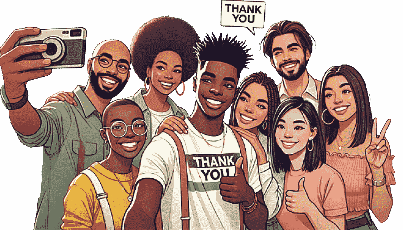 Diverse group of seven young people smiling and posing for a selfie, with two displaying thumbs up and one making a peace sign, and a speech bubble with 'THANK YOU'.